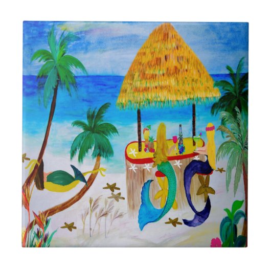 Zeemeermin Strand Tiki Bar Kunst Tegeltje (Voorkant)