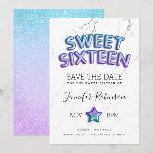 Zeemeermin Sweet 16 Save The Date Balloons Glitter Kaart (Voorkant / Achterkant)