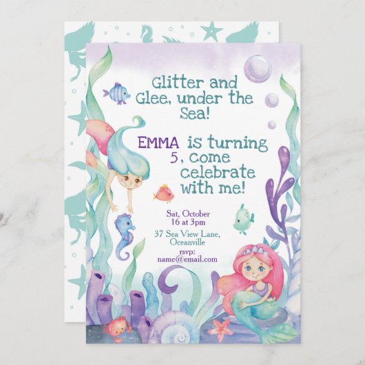 Zeemeermin Thema Kids Verjaardagsfeestuitnodiging Kaart (Voorkant / Achterkant)