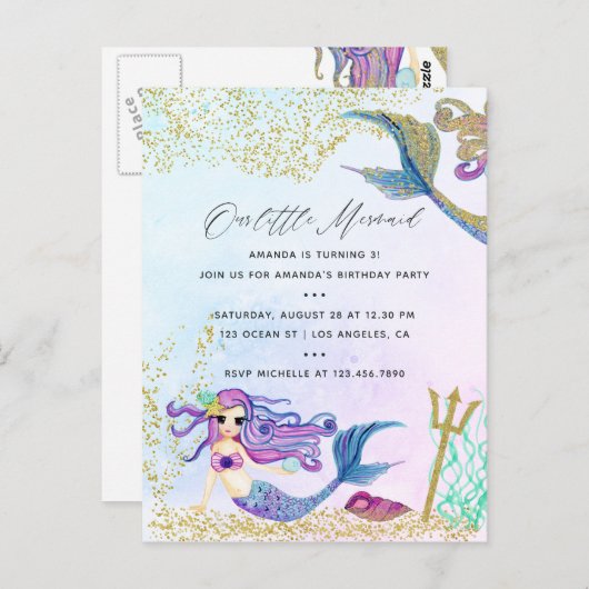 Zeemeermin thema verjaardagsfeest briefkaart (Voorkant / Achterkant)