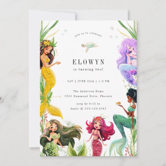 Zeemeermin thema verjaardagsfeestje kaart (Voorkant)