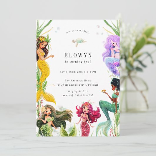 Zeemeermin thema verjaardagsfeestje kaart (Staand voorkant)