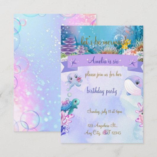 Zeemeermin-thema verjaardagsfeestje uitnodiging-Cu Kaart (Voorkant / Achterkant)