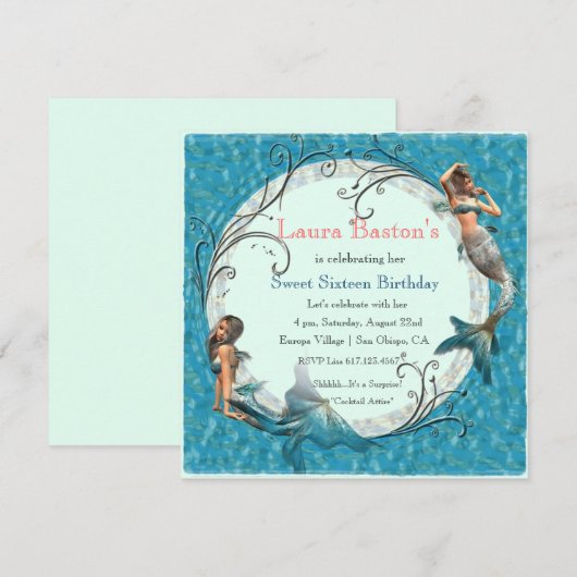 Zeemeermin Turquoise Blauwe Sweet 16 Verjaardagsui Kaart (Voorkant / Achterkant)