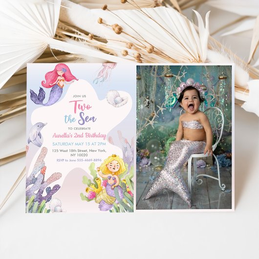 Zeemeermin Twee Het Zee 2e Verjaardagsfeestfoto Kaart