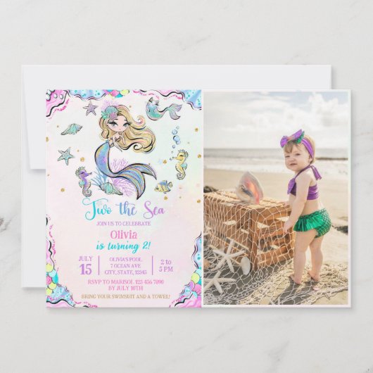 Zeemeermin Twee naar de Zee 2de Verjaardagsfeest F Kaart (Voorkant)