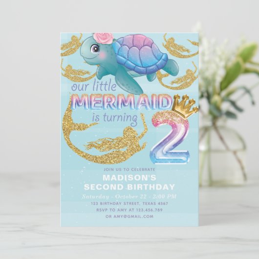 Zeemeermin Tweede Verjaardag Roze Blauw Goud Glitt Kaart (Staand voorkant)