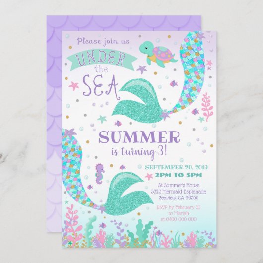 Zeemeermin Uitnodiging, Meisje Onder de Zee Uitnod Kaart (Voorkant / Achterkant)