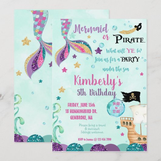 Zeemeermin uitnodiging, onder de zee feest uitnodi kaart (Voorkant / Achterkant)