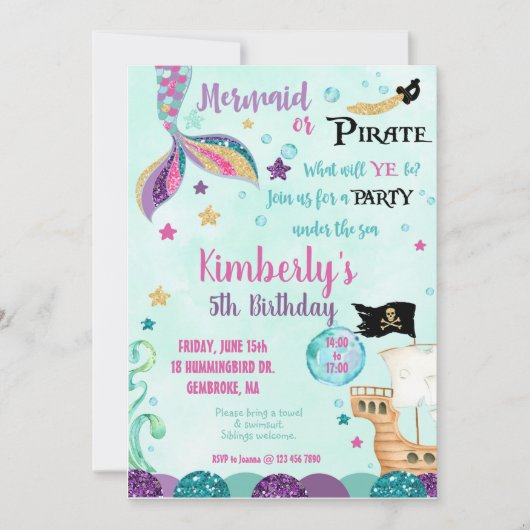Zeemeermin Uitnodiging, Onder de Zee Party Invitat Kaart (Voorkant)