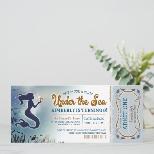 Zeemeermin Uitnodiging Onder het Zee Glitter Verja (Staand voorkant)