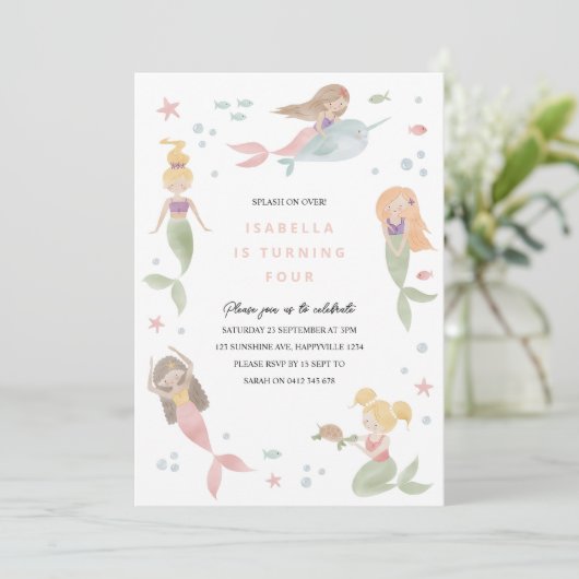 Zeemeermin Uitnodiging Template, Zwembad Feest Uit (Staand voorkant)