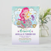 Zeemeermin Uitnodiging Verjaardagsfeest Hot Pink G (Staand voorkant)