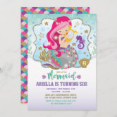 Zeemeermin Uitnodiging Verjaardagsfeest Hot Pink G (Voorkant / Achterkant)