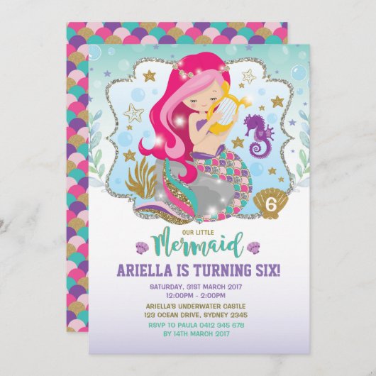 Zeemeermin Uitnodiging Verjaardagsfeest Hot Pink G (Voorkant / Achterkant)