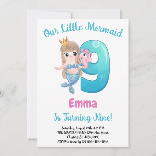 Zeemeermin uitnodiging voor 9de verjaardagsfeestje (Voorkant)
