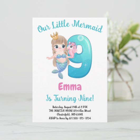 Zeemeermin uitnodiging voor 9de verjaardagsfeestje (Staand voorkant)