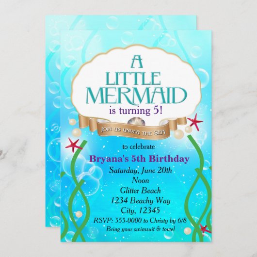 ZEEMEERMIN Uitnodiging voor verjaardagsfeest op he (Voorkant / Achterkant)