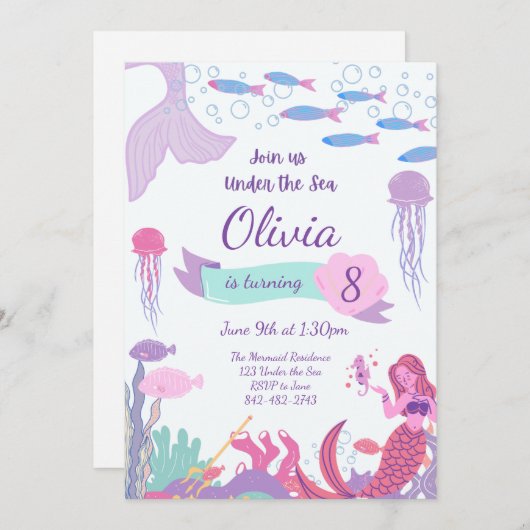 Zeemeermin uitnodiging, Zeemeermin verjaardagsuitn Kaart (Voorkant / Achterkant)