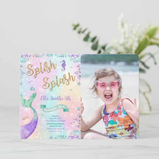 Zeemeermin verjaardag foto uitnodiging (Staand voorkant)