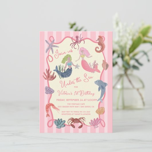 Zeemeermin Verjaardag onder het zee kust hand gete Kaart (Staand voorkant)