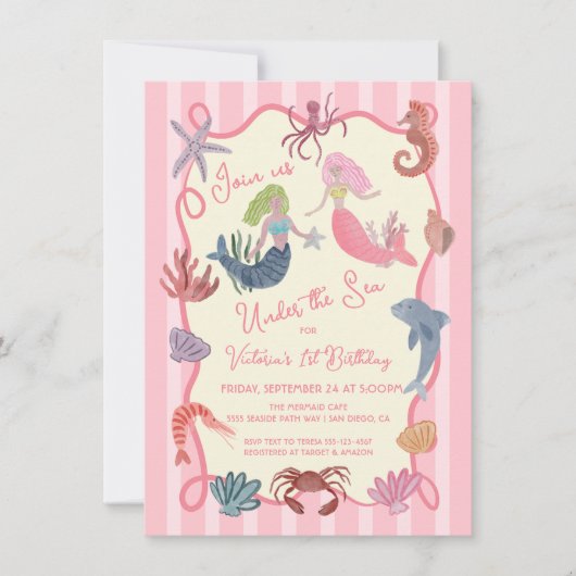 Zeemeermin Verjaardag onder het zee kust hand gete Kaart (Voorkant)