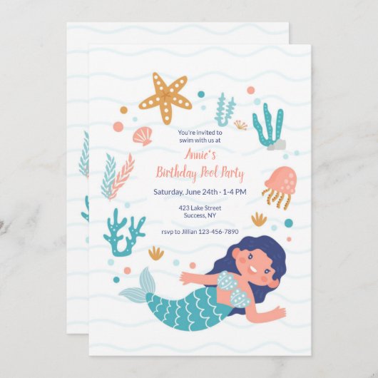 Zeemeermin Verjaardag Pool Party Kaart (Voorkant / Achterkant)