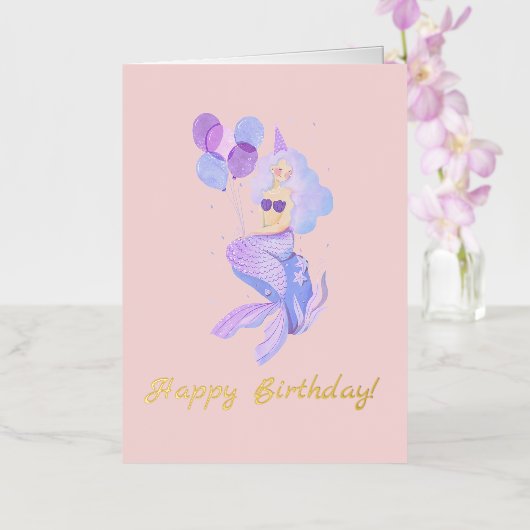 Zeemeermin verjaardag roze perzik folie wenskaart (Orchidee)