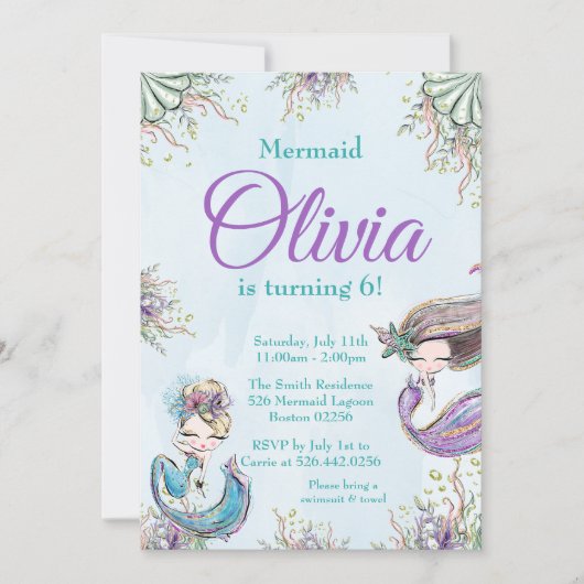 Zeemeermin Verjaardag uitnodiging (Voorkant)