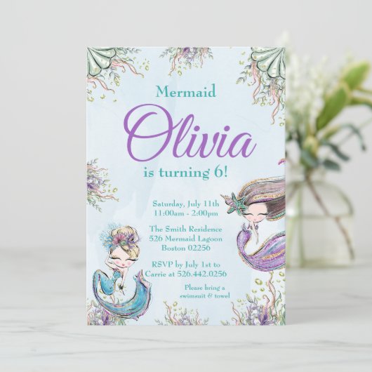 Zeemeermin Verjaardag uitnodiging (Staand voorkant)