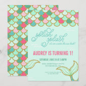 Zeemeermin Verjaardag Uitnodiging - Gold Glitter (Voorkant / Achterkant)