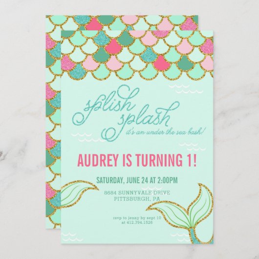 Zeemeermin Verjaardag Uitnodiging - Gold Glitter (Voorkant / Achterkant)