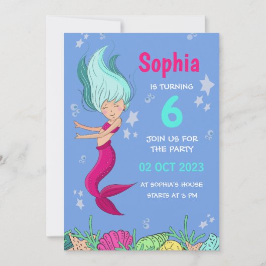 Zeemeermin Verjaardag Uitnodiging, Meisjes Verjaar Kaart (Voorkant)