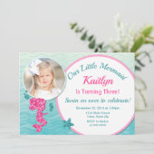 Zeemeermin Verjaardag Uitnodiging Roze Meisje Glit (Staand voorkant)