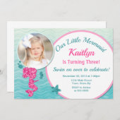 Zeemeermin Verjaardag Uitnodiging Roze Meisje Glit (Voorkant / Achterkant)