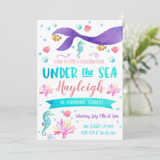 Zeemeermin Verjaardag Uitnodiging Zeemeermin (Staand voorkant)