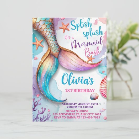 Zeemeermin Verjaardag Uitnodiging, Zeemeermin Bash Kaart (Staand voorkant)