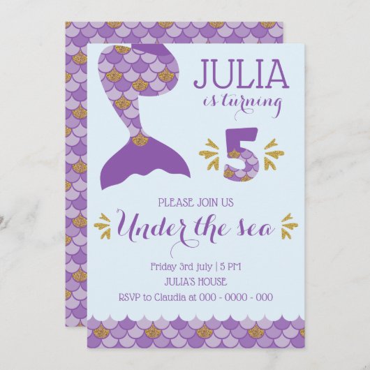 Zeemeermin Verjaardag Uitnodiging Zeemeermin numme (Voorkant / Achterkant)