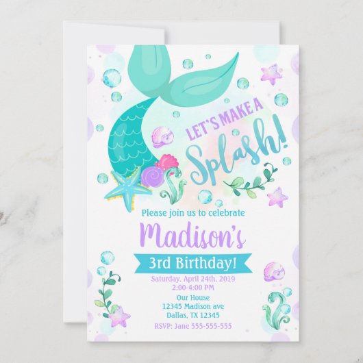 Zeemeermin Verjaardag Uitnodiging / Zwembadfeest (Voorkant)