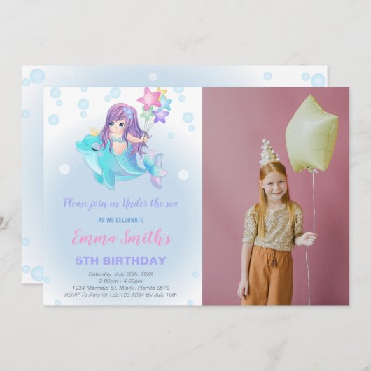 Zeemeermin Verjaardag Uitnodigingen met Dolfijn & (Voorkant / Achterkant)