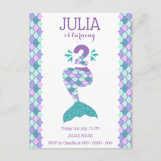 Zeemeermin Verjaardag Zeemeermin Nummer 2 Uitnodiging Briefkaart (Voorkant)