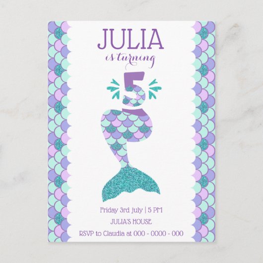 Zeemeermin Verjaardag Zeemeermin Nummer 5 Uitnodiging Briefkaart (Voorkant)