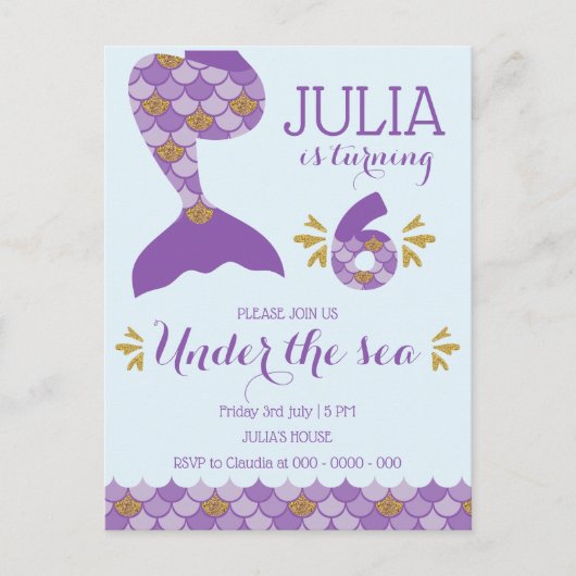 Zeemeermin Verjaardag Zeemeermin Nummer 6 Uitnodiging Briefkaart (Voorkant)