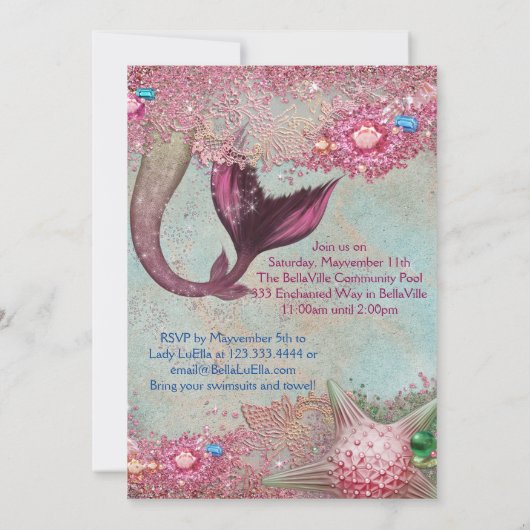 Zeemeermin Verjaardag Zwembad Party Uitnodigingen (Achterkant)
