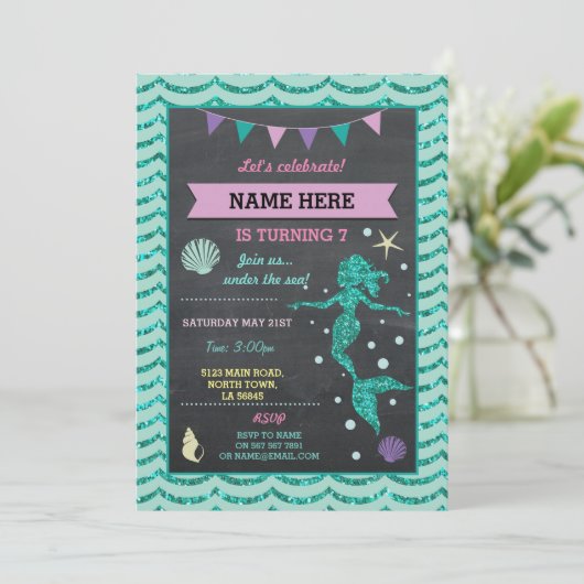 Zeemeermin Verjaardagsfeest Blauwgroen Pin Glitter Kaart (Staand voorkant)