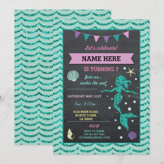 Zeemeermin Verjaardagsfeest Blauwgroen Pin Glitter Kaart (Voorkant / Achterkant)