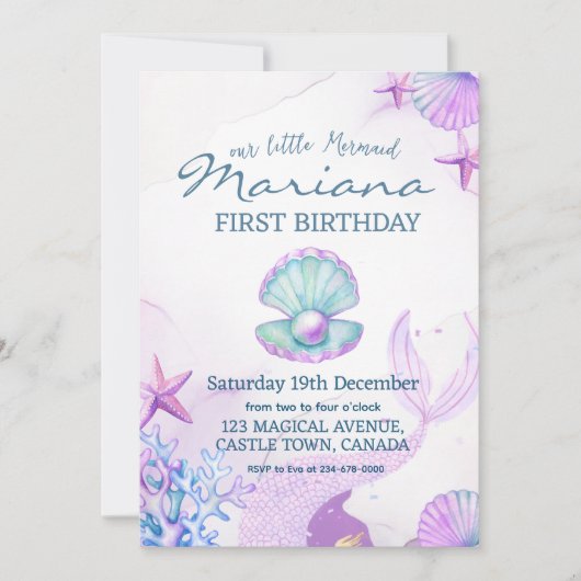 Zeemeermin Verjaardagsfeest Parel Eerste Verjaarda Kaart (Voorkant)