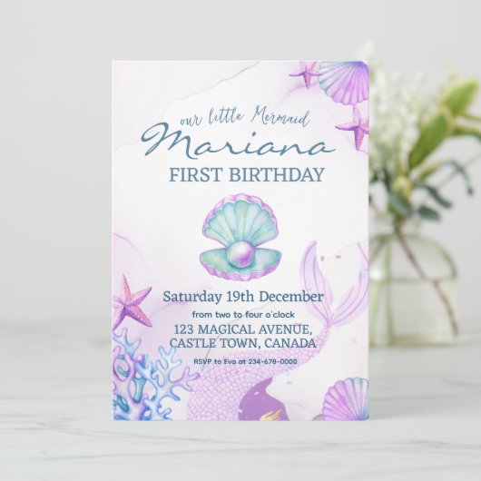 Zeemeermin Verjaardagsfeest Parel Eerste Verjaarda Kaart (Staand voorkant)