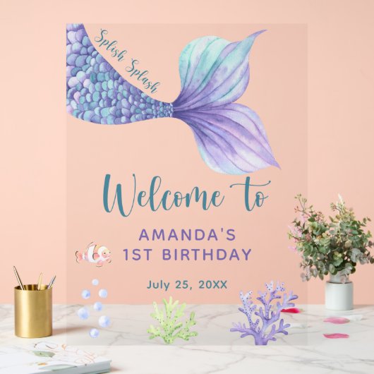 Zeemeermin verjaardagsfeestje onder het Zee Welkom Acryl Bord (Huwelijk)