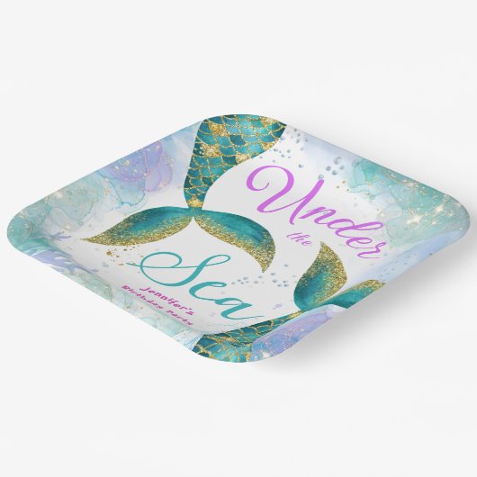 Zeemeermin Verjaardagsfeestje Paarse Blauwgroen Pa Papieren Bordje (Gebogen)